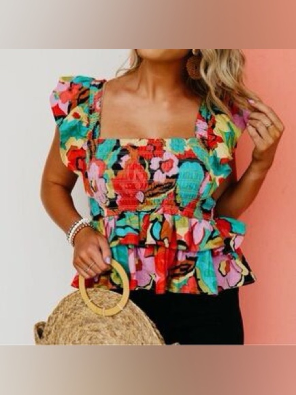 Anthropologie THML Smocked Square Neck Ruffled Vibrant Floral Peplum Top XL